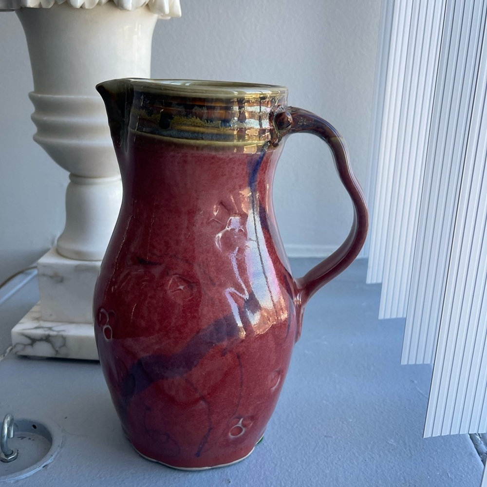 Signed Studio 🎥 Pottery Pitcher Vase Handmade Unique Handle Well-made & Sturdy